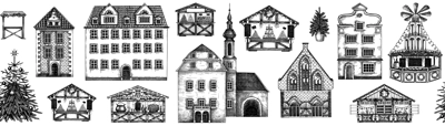 Christmas background. Architecture seamless pattern. Christmas fair border. Old building sketch, hand-drawn vector illustration. NOT AI generated